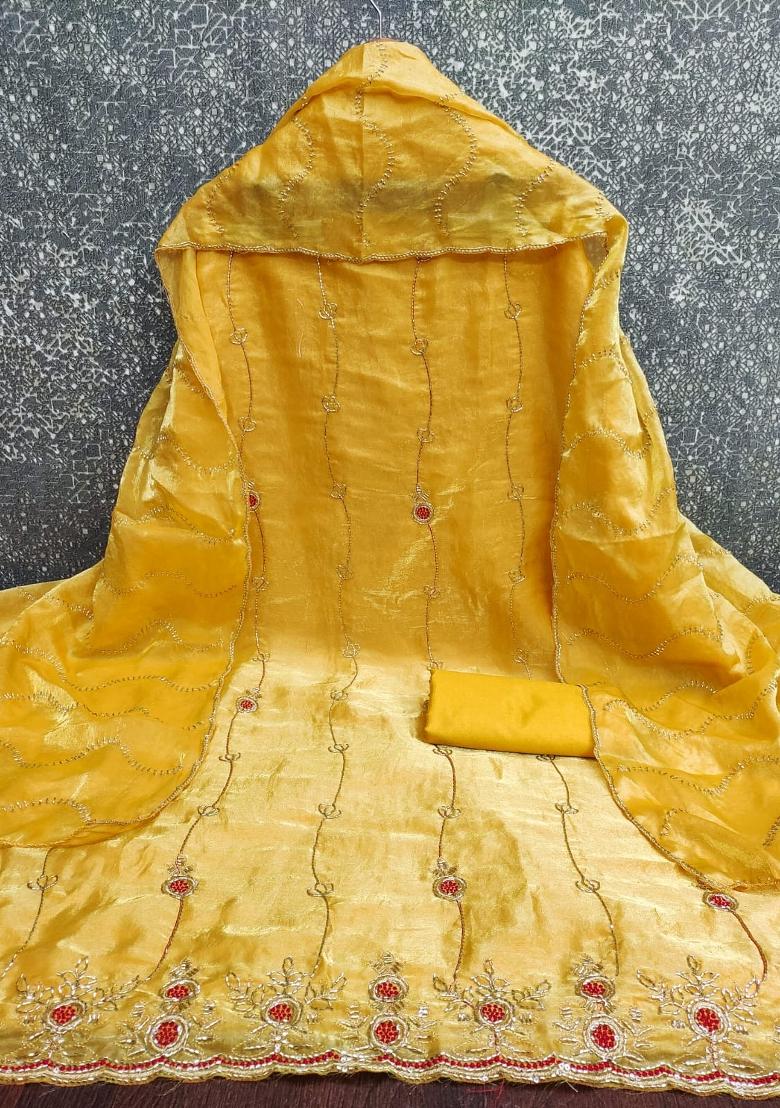 Yellow Embroidered Silk Kurta Set - Indya