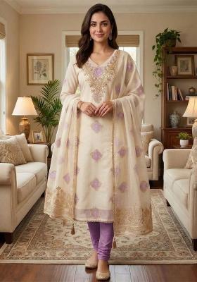 Off White Embroidered Chanderi Kurta Set