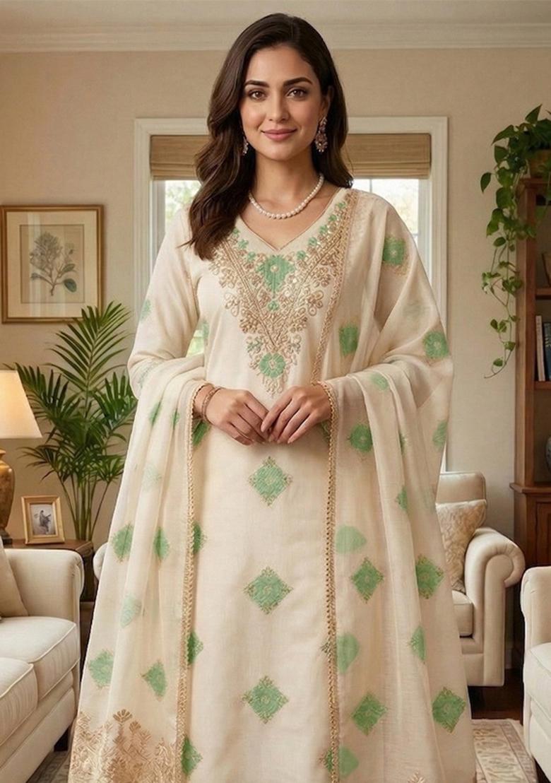 Off White Embroidered Chanderi Kurta Set - Indya