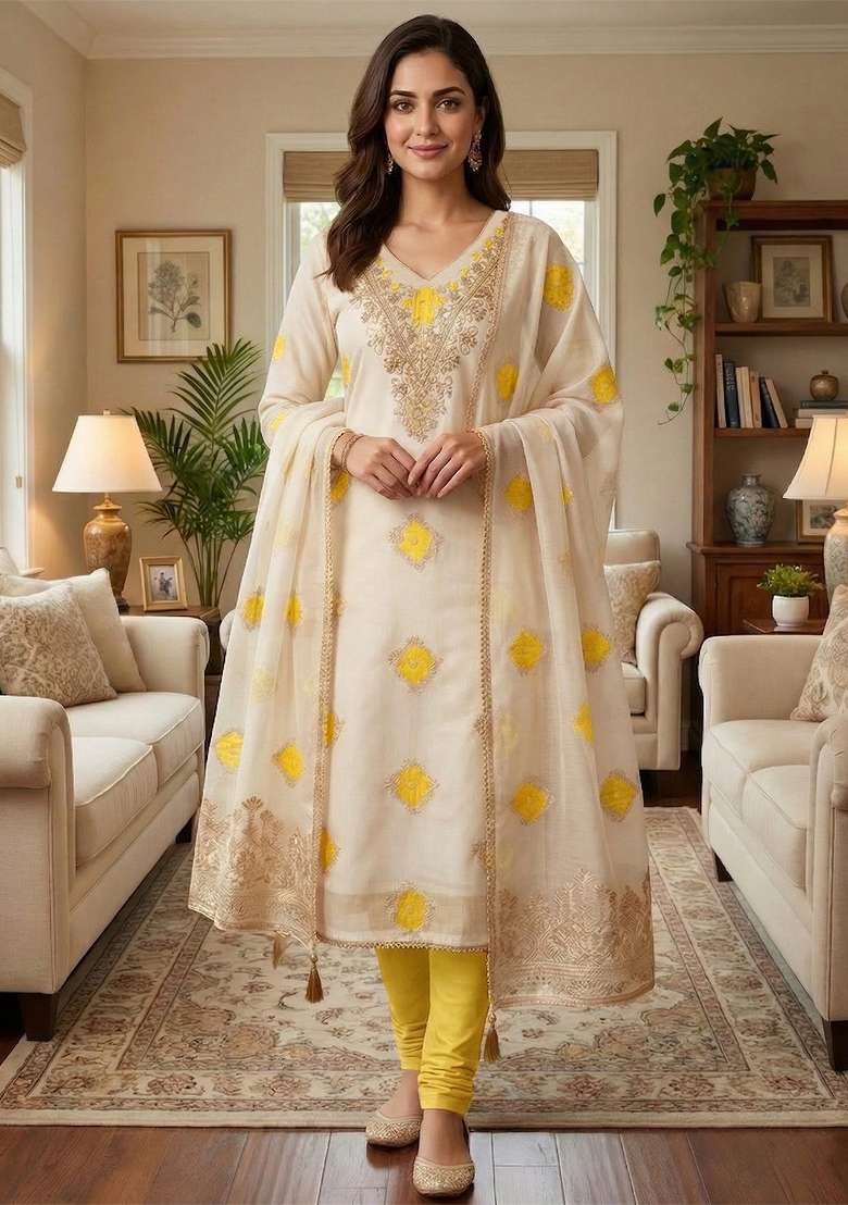 Off White Embroidered Chanderi Kurta Set - Indya