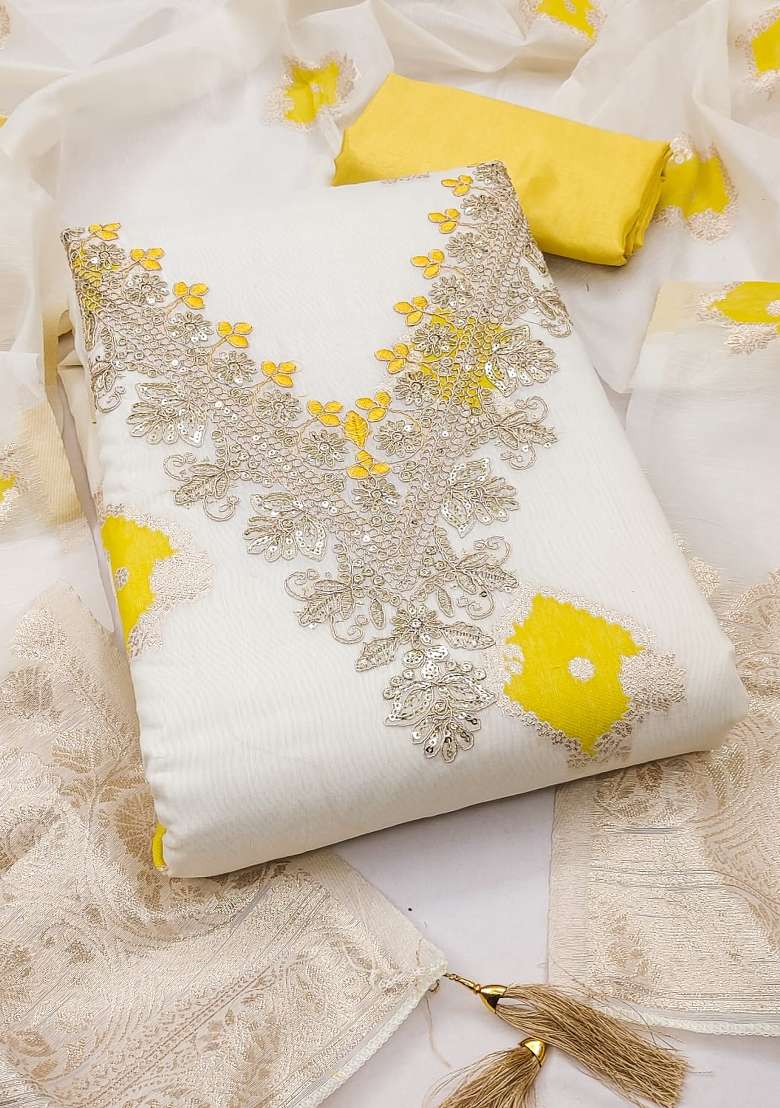 Off White Embroidered Chanderi Kurta Set - Indya