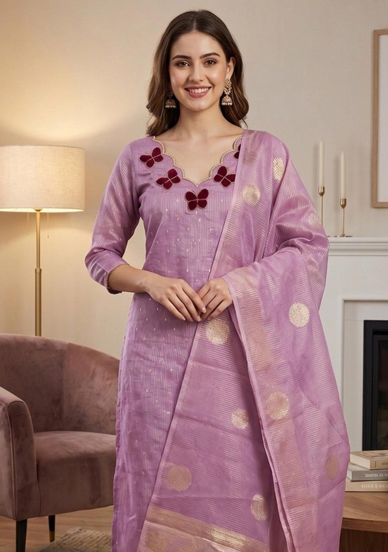 Lavender Woven Silk Kurta Set - Indya