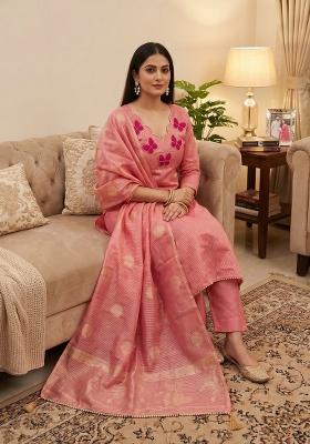 Pink Woven Silk Kurta Set