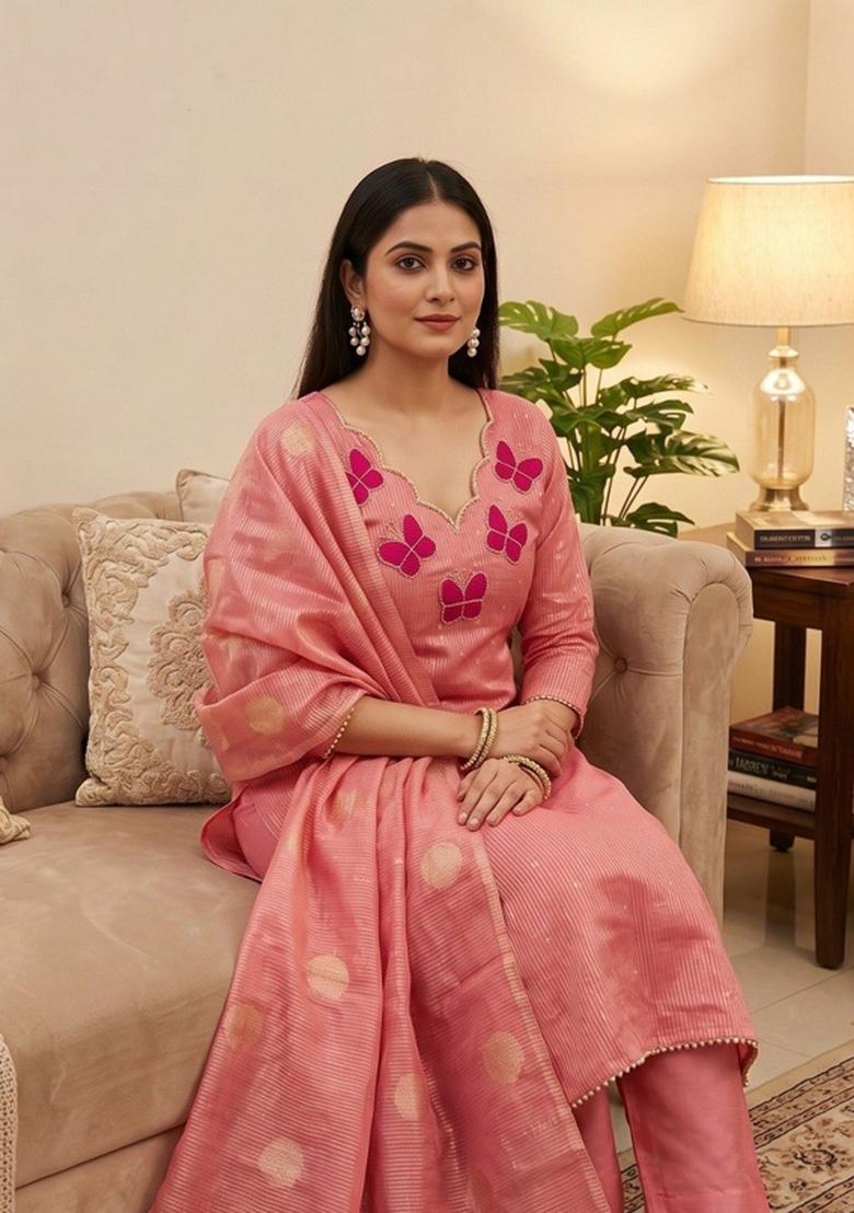 Pink Woven Silk Kurta Set - Indya