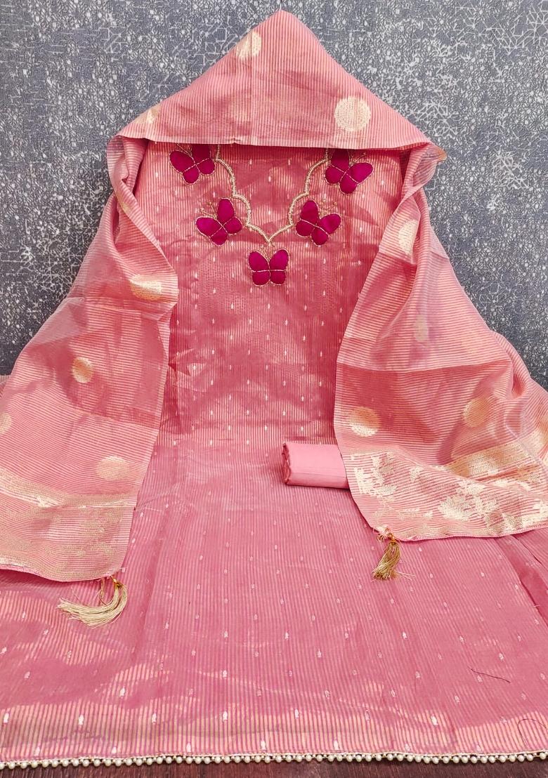 Pink Woven Silk Kurta Set - Indya