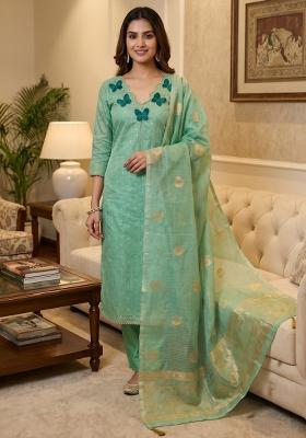 Sea Green Woven Silk Kurta Set
