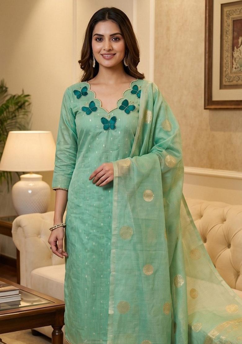 Sea Green Woven Silk Kurta Set - Indya