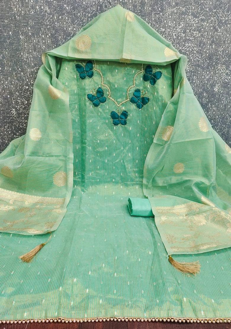 Sea Green Woven Silk Kurta Set - Indya