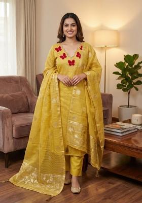 Yellow Woven Silk Kurta Set