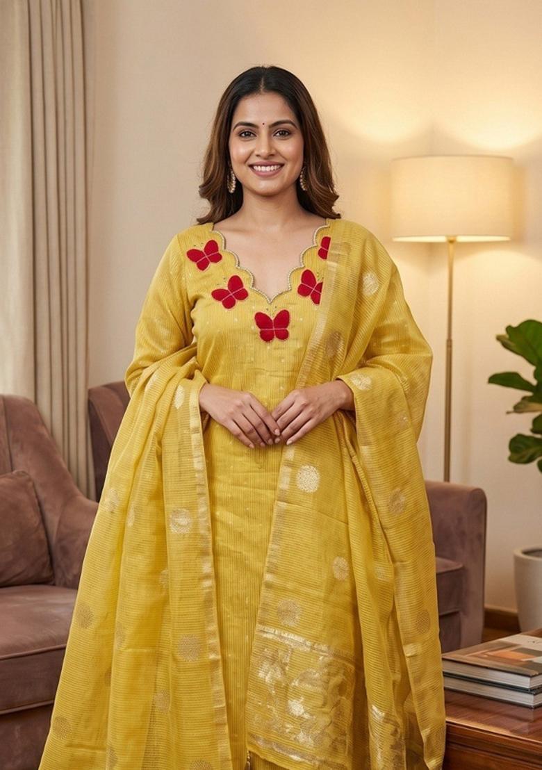 Yellow Woven Silk Kurta Set - Indya