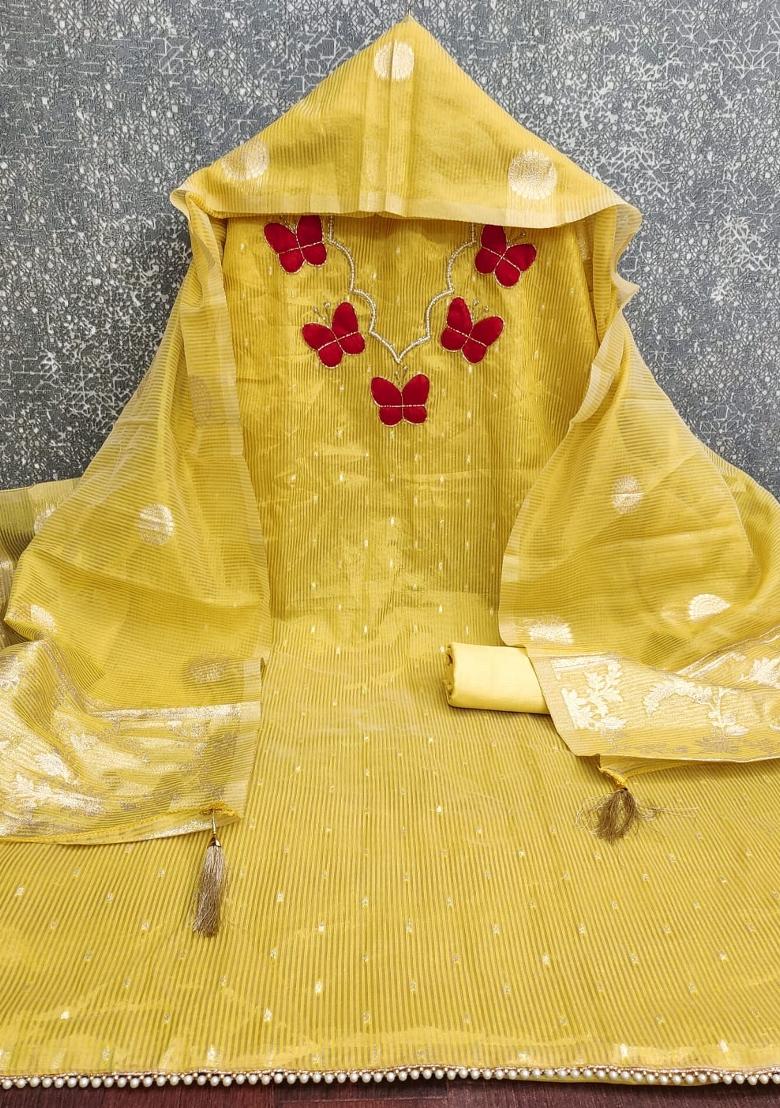 Yellow Woven Silk Kurta Set - Indya