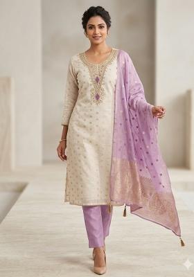 Off White Weaving Work Shimmar Kurta Set