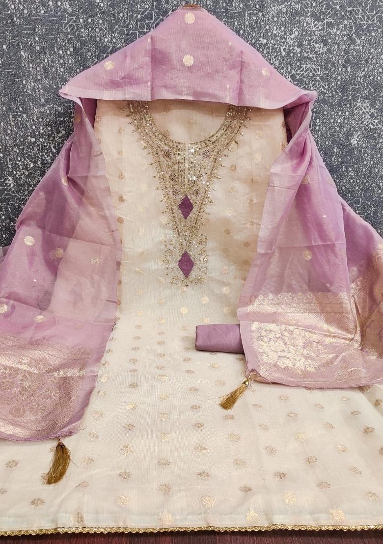 Off White Weaving Work Shimmar Kurta Set - Indya