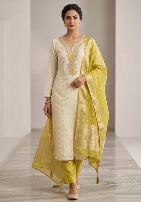 Off White Weaving Work Shimmar Kurta Set