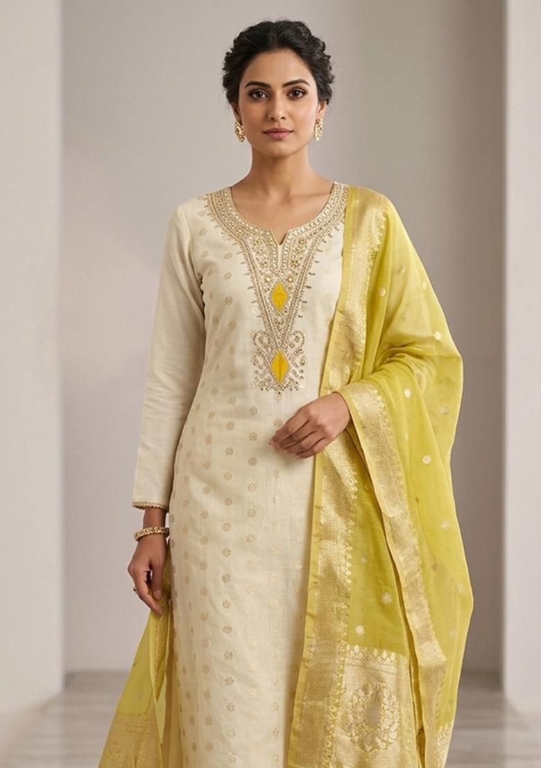 Off White Weaving Work Shimmar Kurta Set - Indya