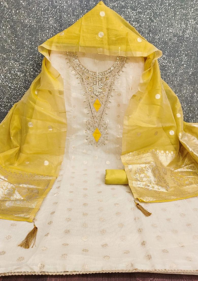 Off White Weaving Work Shimmar Kurta Set - Indya