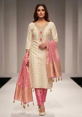 Off White Weaving Work Shimmar Kurta Set
