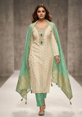 Off White Weaving Work Shimmar Kurta Set