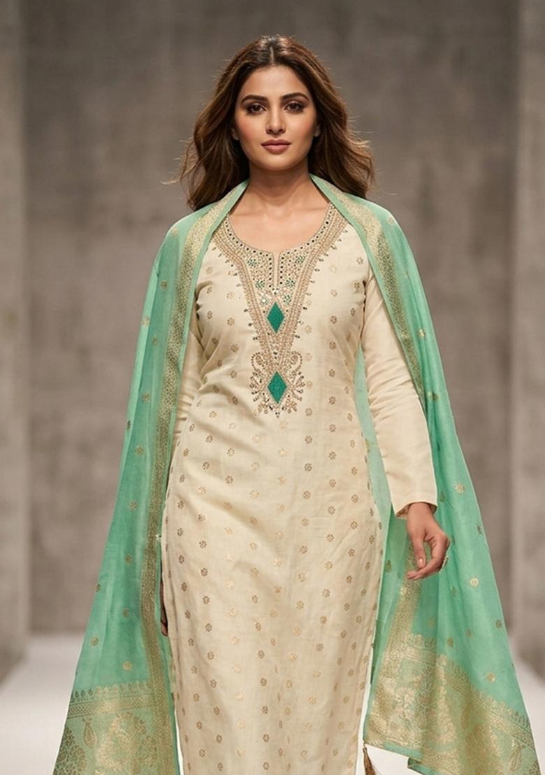 Off White Weaving Work Shimmar Kurta Set - Indya