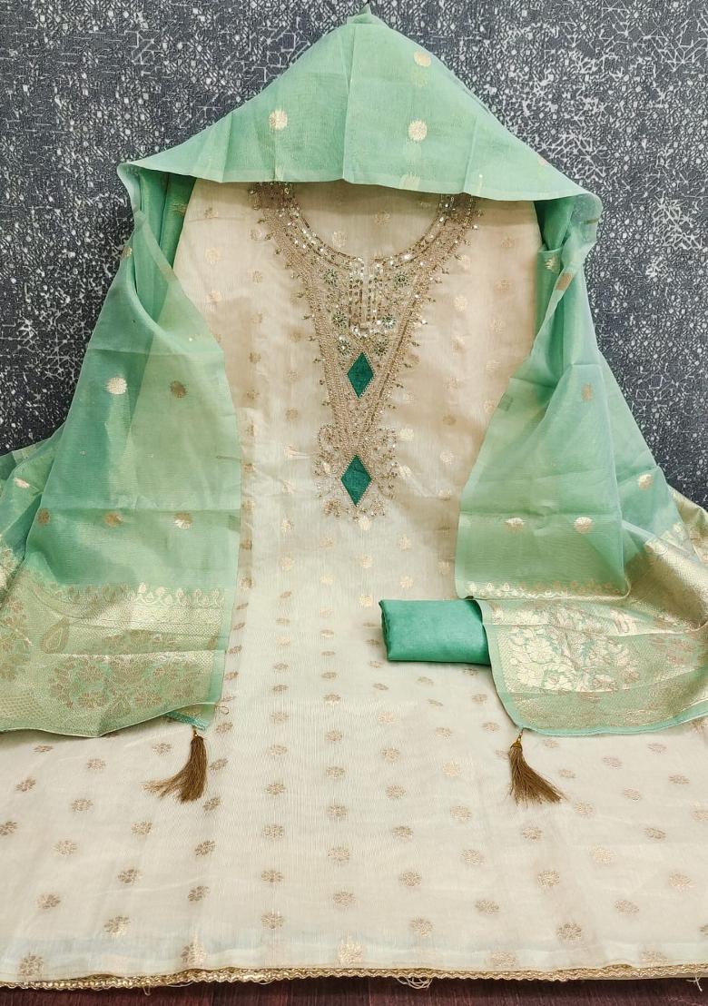 Off White Weaving Work Shimmar Kurta Set - Indya