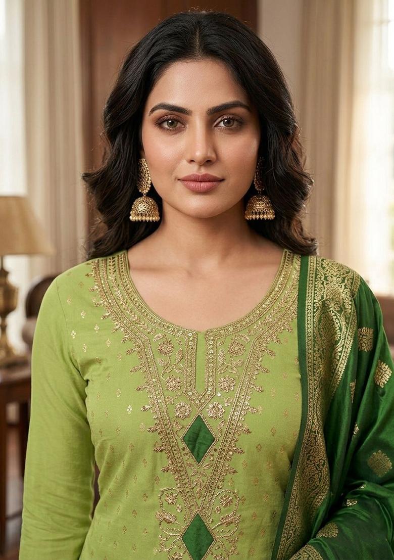 Green Embroidered Shimmar Kurta Set - Indya