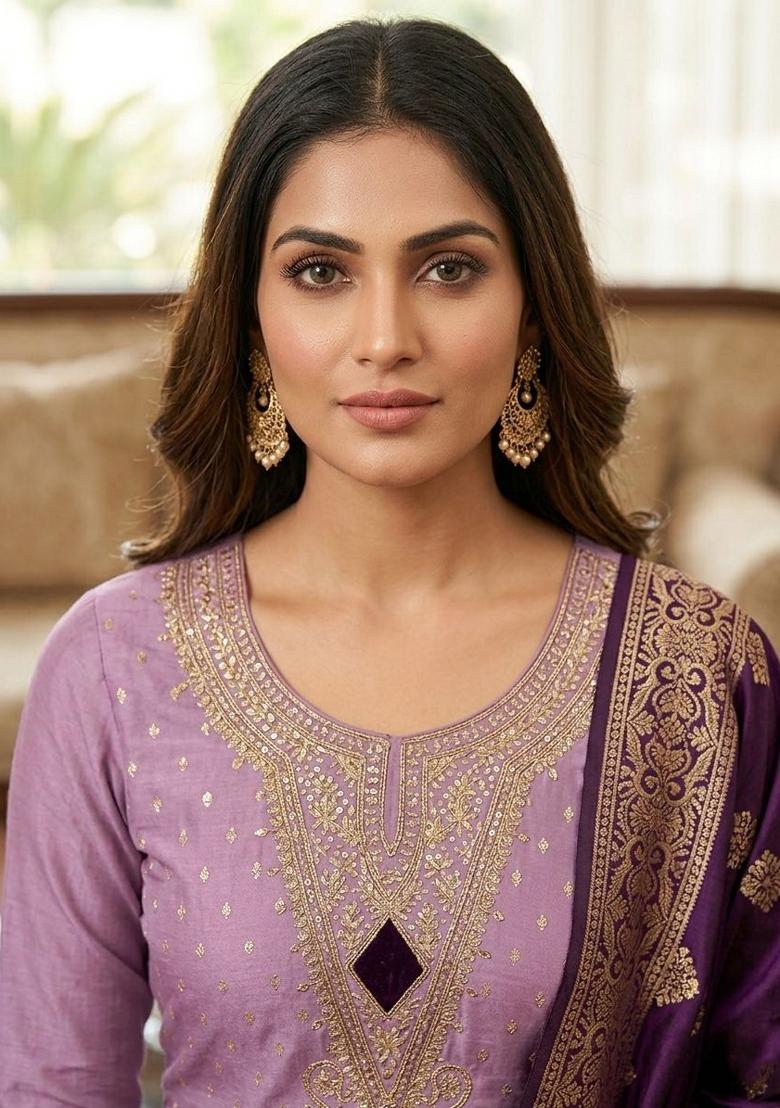 Lavender Embroidered Shimmar Kurta Set - Indya