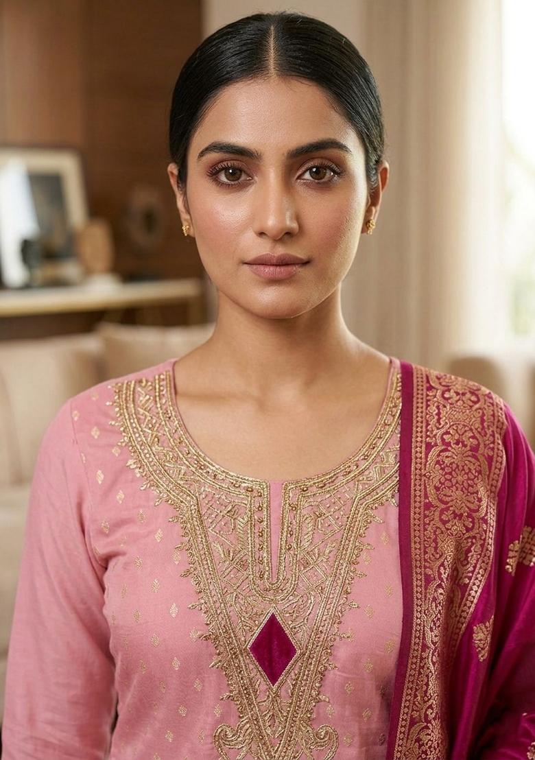 Pink Embroidered Shimmar Kurta Set - Indya