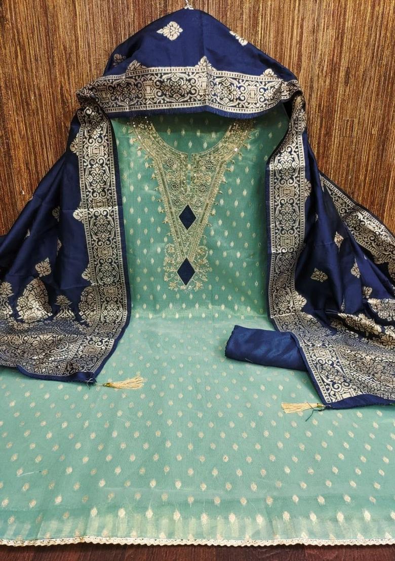 Sea Green Embroidered Shimmar Kurta Set - Indya