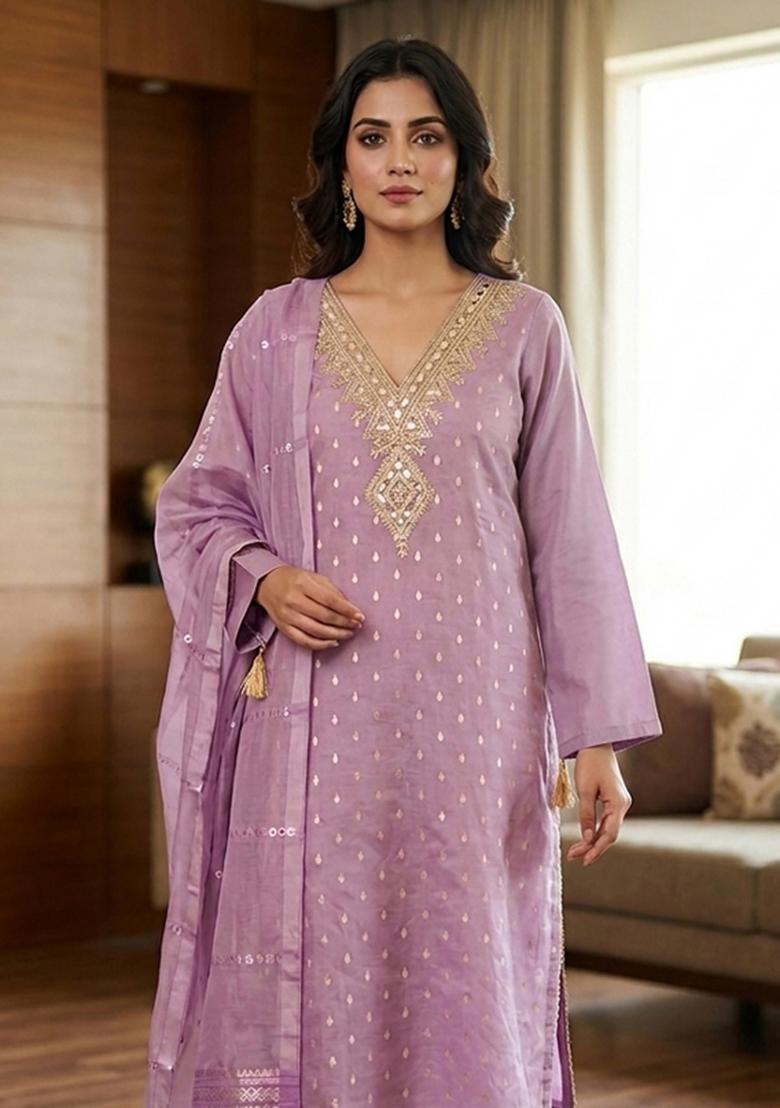 Lavender Embroidered Shimmar Kurta Set - Indya