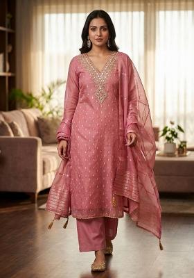 Pink Embroidered Shimmar Kurta Set