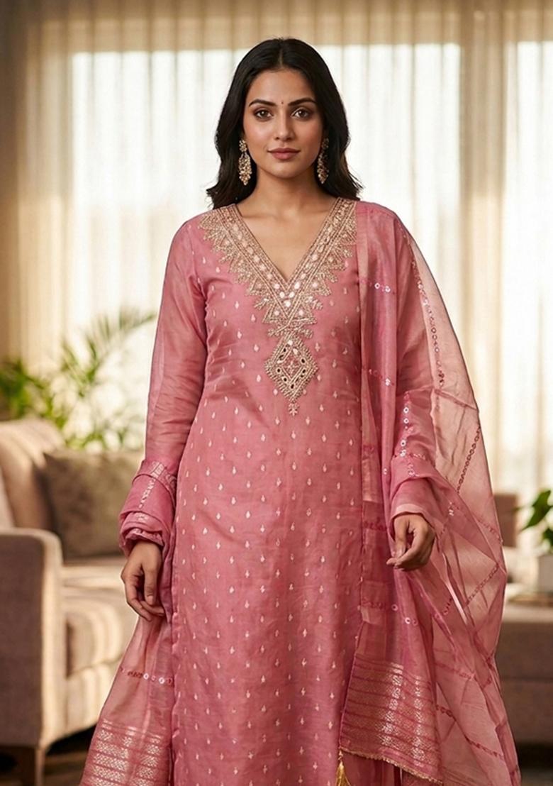 Pink Embroidered Shimmar Kurta Set - Indya