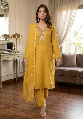 Yellow Embroidered Shimmar Kurta Set