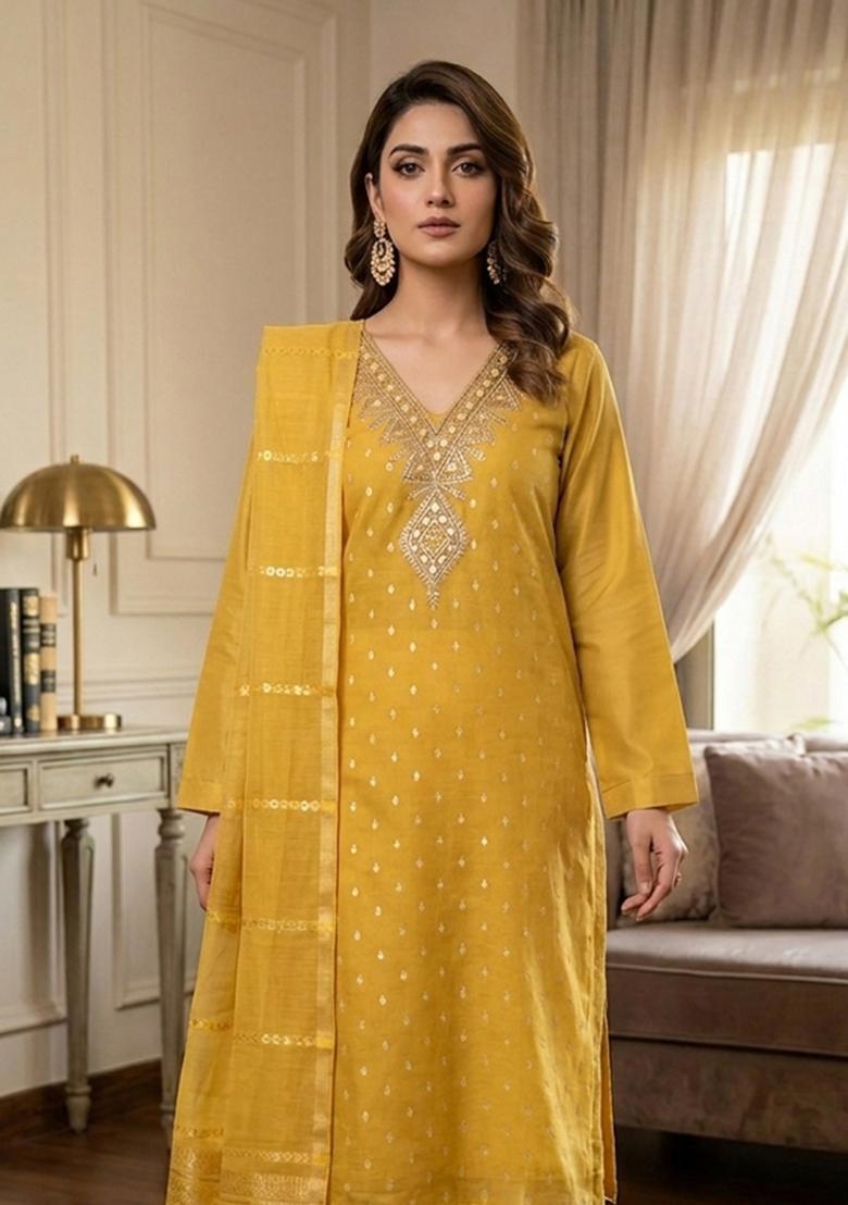 Yellow Embroidered Shimmar Kurta Set - Indya