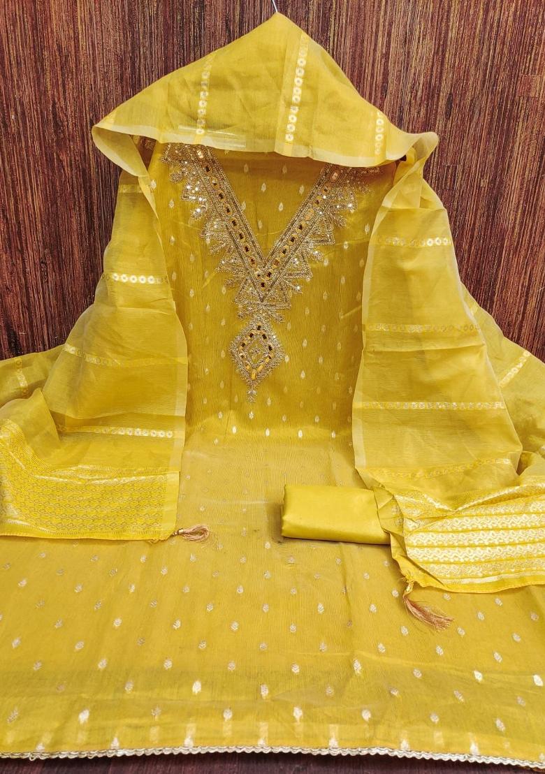 Yellow Embroidered Shimmar Kurta Set - Indya