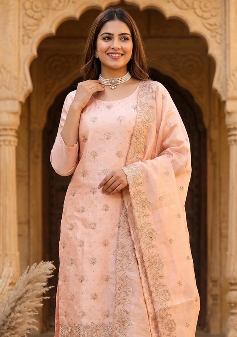 Peach Embroidered Silk Kurta Set - Indya
