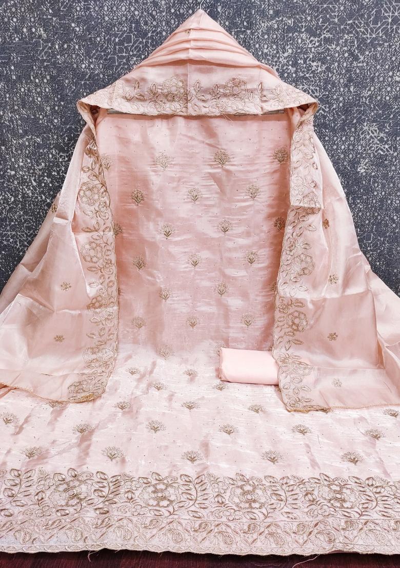 Peach Embroidered Silk Kurta Set - Indya