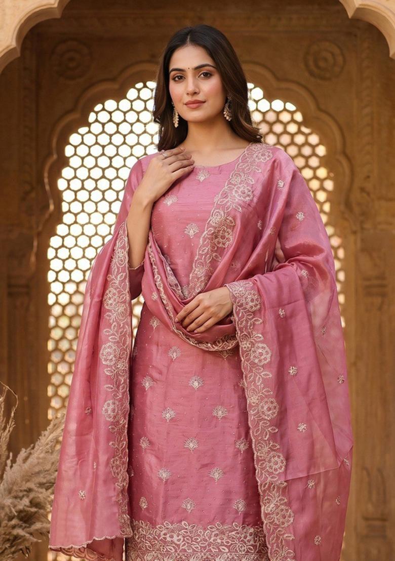 Purple Embroidered Silk Kurta Set - Indya