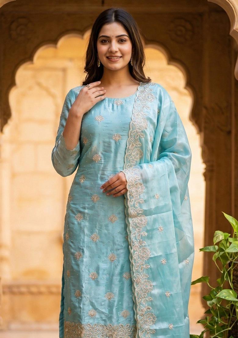 Sky Blue Embroidered Silk Kurta Set - Indya