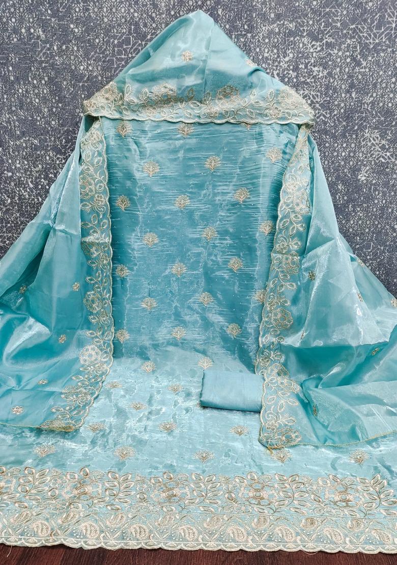 Sky Blue Embroidered Silk Kurta Set - Indya