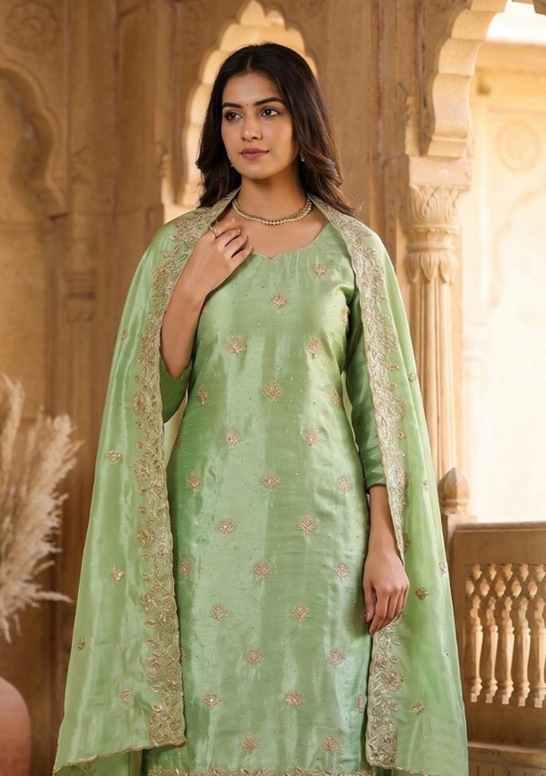Sea Green Embroidered Silk Kurta Set - Indya