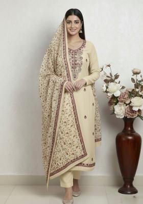 Beige Embroidered Silk Kurta Set