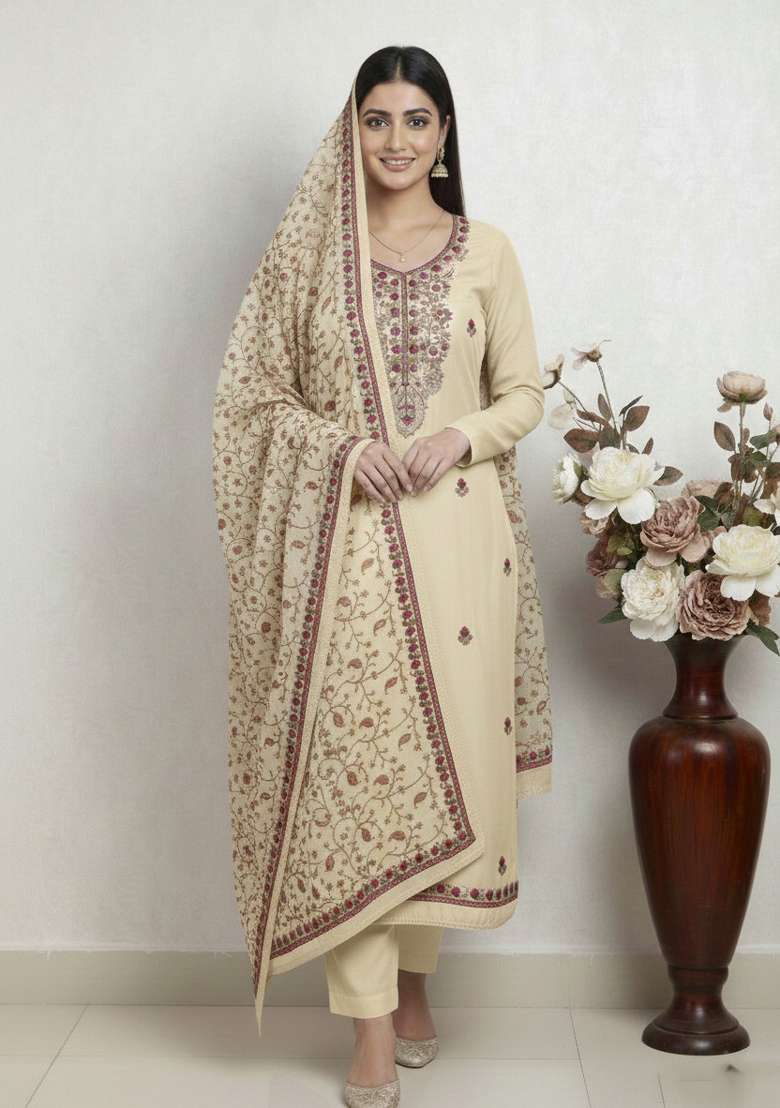 Beige Embroidered Silk Kurta Set - Indya