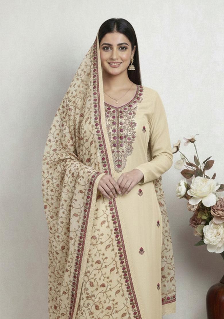 Beige Embroidered Silk Kurta Set - Indya