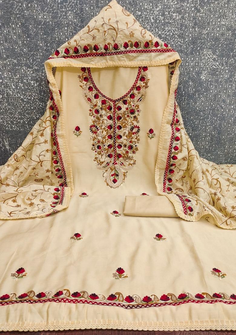 Beige Embroidered Silk Kurta Set - Indya