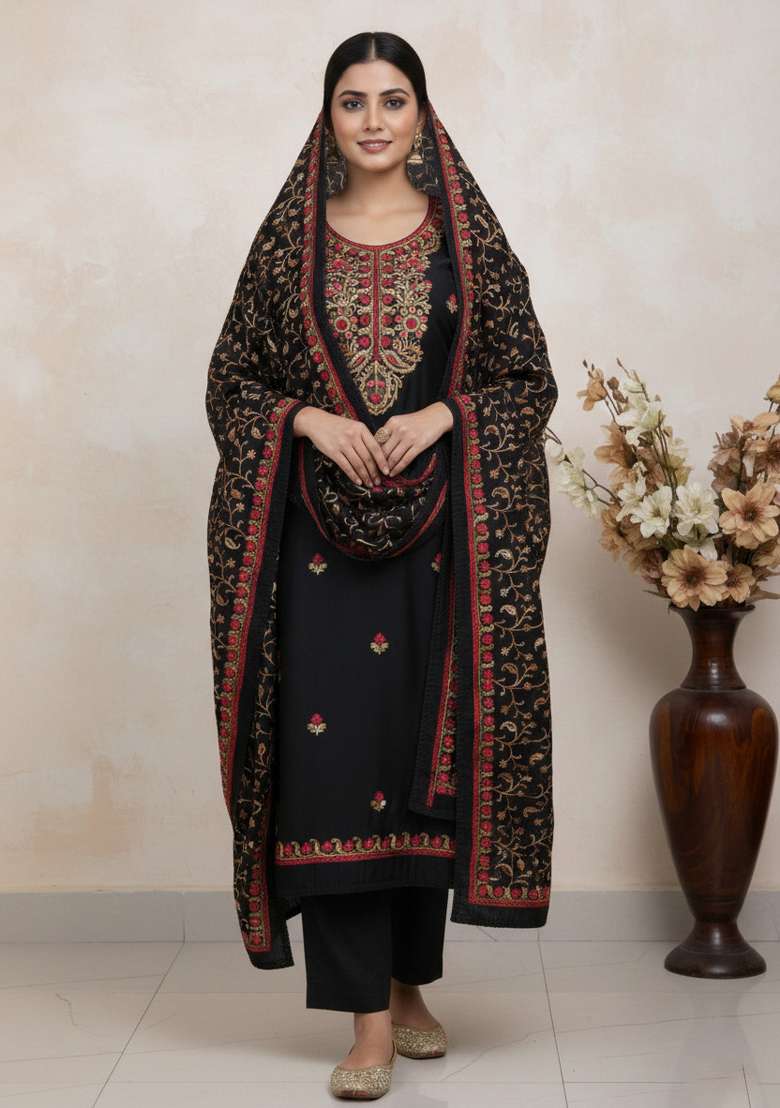 Black Embroidered Silk Kurta Set - Indya