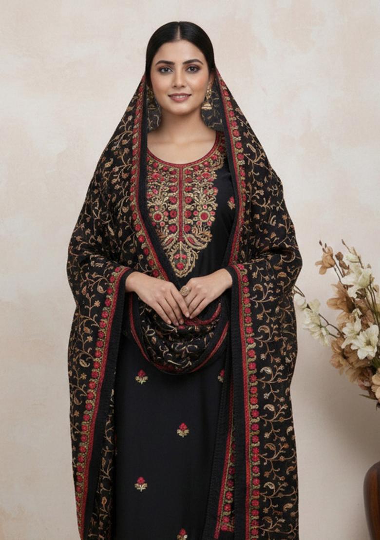 Black Embroidered Silk Kurta Set - Indya