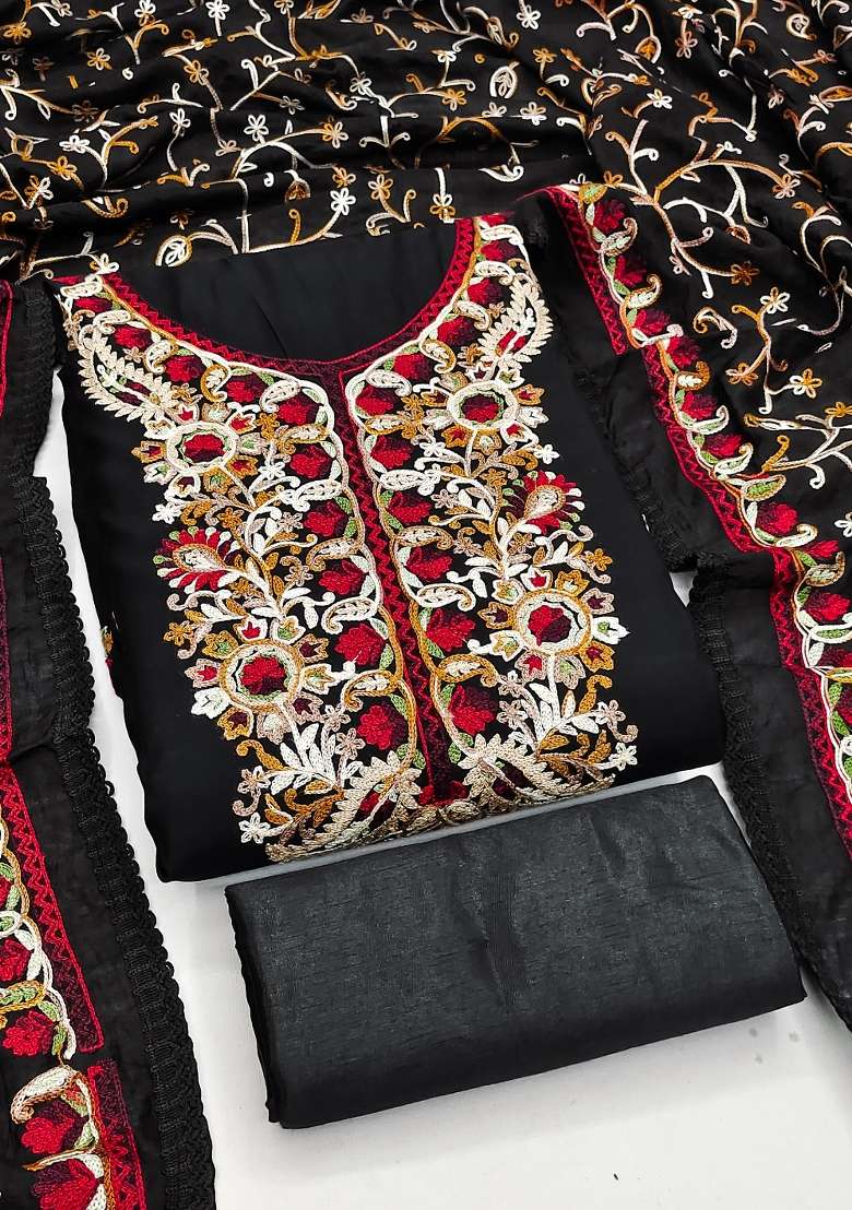 Black Embroidered Silk Kurta Set - Indya