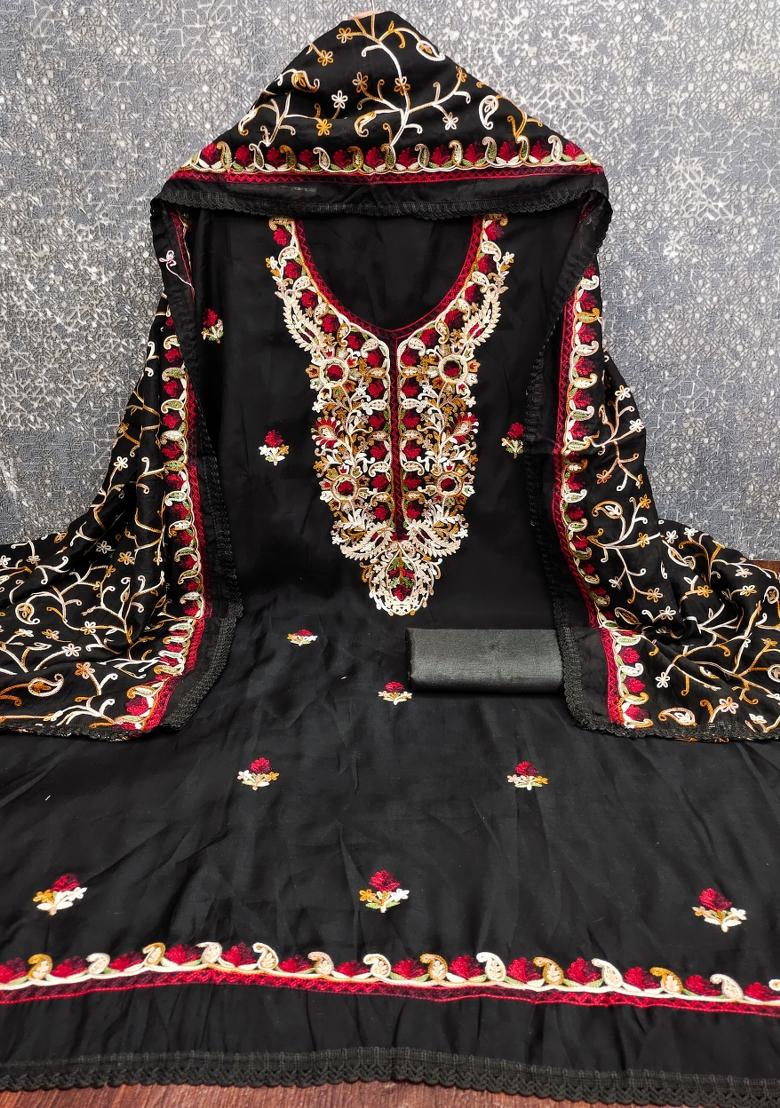 Black Embroidered Silk Kurta Set - Indya