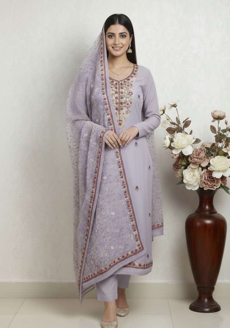 Lavender Embroidered Silk Kurta Set - Indya