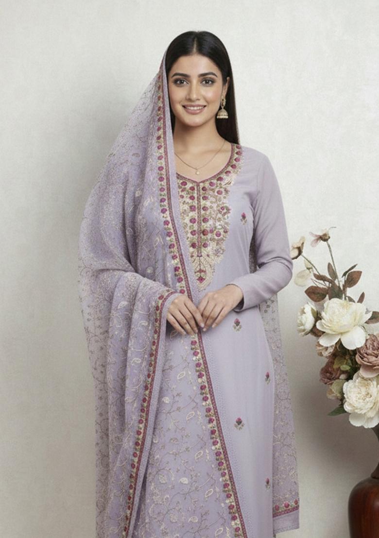 Lavender Embroidered Silk Kurta Set - Indya